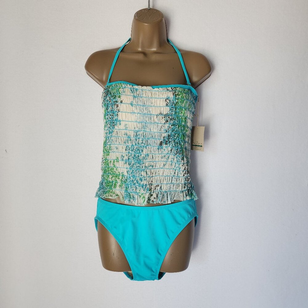 NWT Pure Bliss by Beach Scene 2 Piece Swimsuit Mesh-Smocked Floral Blue